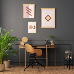 Interior design of cozy living room interior with mock up poster frame, brown sofa, wooden desk, modern armchair, glass lamp, rug, coffee table, plants and personal accessories. Home decor. Template.