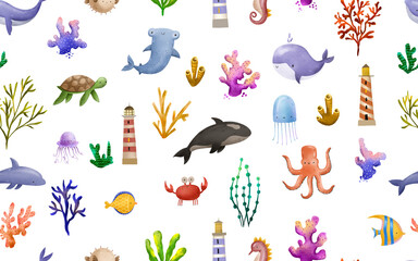 Seamless background with hand-drawn sea with fish and corals, algae and shells. Underwater sea world. Oceania. Decorative fish. Children's hand drawn illustration on isolated background