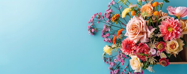 A bunch of fresh blooming flowers placed in box on blue background.