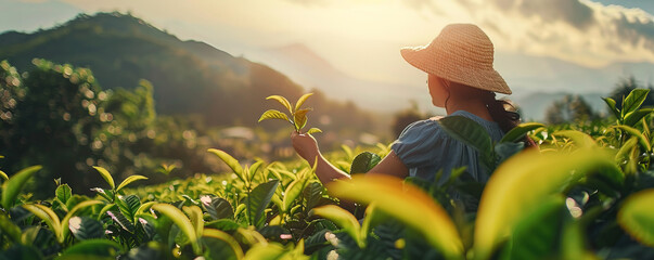 A woman harvests tea leaves at a tea plantation - obrazy, fototapety, plakaty