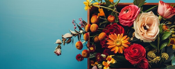 A bunch of fresh blooming flowers placed in box on blue background. - obrazy, fototapety, plakaty