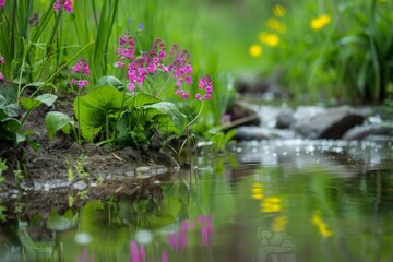 A serene scene of Comfrey (Symphytum officinale) growing wild along a stream, with its reflection visible in the calm water.  - obrazy, fototapety, plakaty