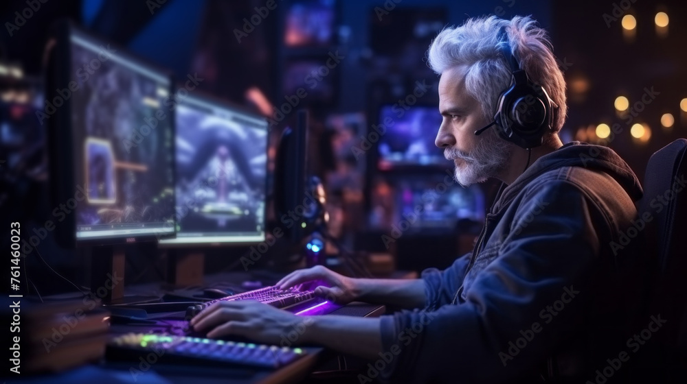 Poster a side view of a gray-haired middle-aged man, a professional streamer, a gamer playing video games o