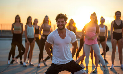 Candid shot of fitness class with males and females training on rooftop in the golden hour light, a young man in a white t-shirt leading the group doing lunges, smiling at the camera in an energetic p