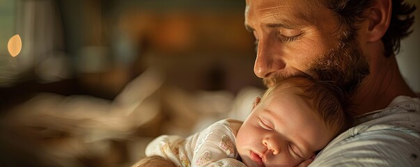 A father holding his sleeping baby - obrazy, fototapety, plakaty