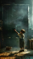 A kid cleaning the blackboard