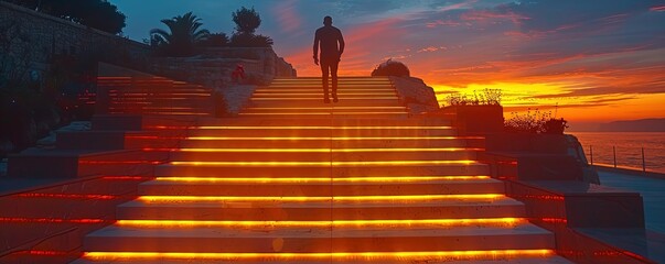 a man runs up a glowing staircase after sunset - obrazy, fototapety, plakaty