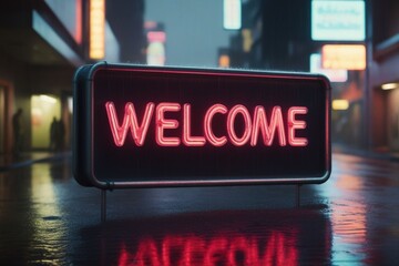 Slogan welcome neon light sign text effect on a rainy night street, horizontal composition - obrazy, fototapety, plakaty