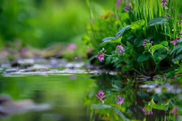 A serene scene of Comfrey (Symphytum officinale) growing wild along a stream, with its reflection visible in the calm water.  - obrazy, fototapety, plakaty