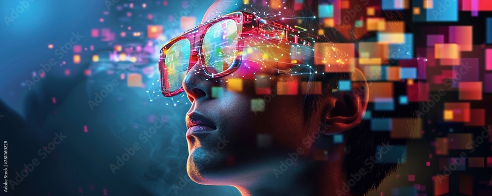 Poster abstract bright man in glasses on black background with colorful geometric shapes representing conce