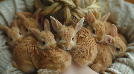 Many cute baby bunnies sleep on a girl in the bed. Generative AI