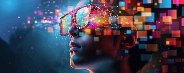 abstract bright man in glasses on black background with colorful geometric shapes representing concept of virtual reality