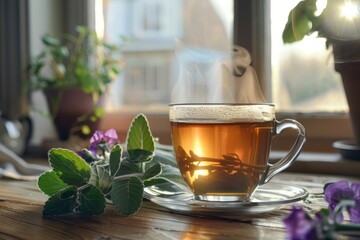 
A steaming cup of Comfrey (Symphytum officinale) tea on a cozy kitchen table, with the plant's leaves and flowers arranged nearby. The warm, inviting atmosphere highlights. - obrazy, fototapety, plakaty