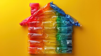 House made of colored garbage bags, environmental protection concept. Generative AI