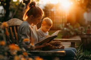 mother and her toddler son, sitting together on a rustic wooden bench in a lush garden patio. She is reading a storybook to him, epitomizing hygge motherhood. - obrazy, fototapety, plakaty