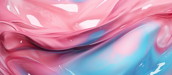 A closeup shot showcasing a vibrant mixture of pink and blue liquid on a clean white background,...