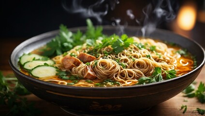 Inviting bowl of noodle soup with thin slices of meat and fresh herbs on wooden surface