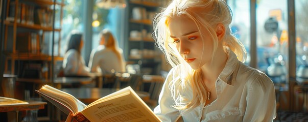 Albino girl reading a book in a cafe