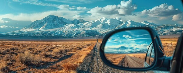 Amazing view of mountains in side mirror of car on roadtrip