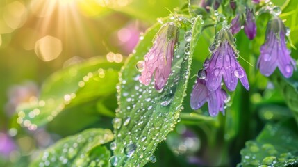 A vibrant close-up of Comfrey (Symphytum officinale) leaves and purple flowers, with dewdrops on them, in the early morning light. - obrazy, fototapety, plakaty