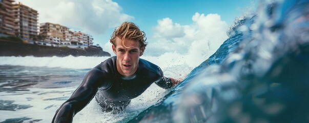 Athletic young man surfing a wave in a wetsuit in Tenerife - obrazy, fototapety, plakaty