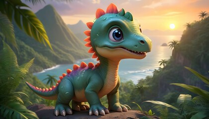 A heartwarming image of a baby dinosaur, its vibrant, expressive eyes reflecting the hues of the setting sun, nestled amidst a sea of lush greenery, its soft feathers gently swaying in the mountain br