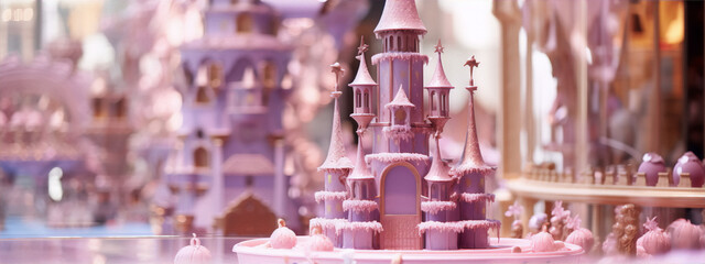 Pinkhued 3D rendering of a fairytale castle with turrets and stars made of sugarpaste on a pink surface against a blurred background.