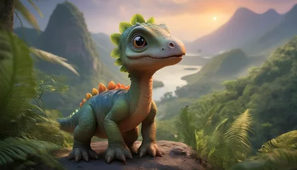 Poster A heartwarming image of a baby dinosaur, its vibrant, expressive eyes reflecting the hues of the setting sun, nestled amidst a sea of lush greenery, its soft feathers gently swaying in the mountain br © Muhammad