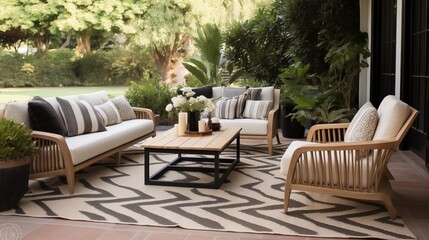 Use outdoor rugs to define seating areas and add texture.