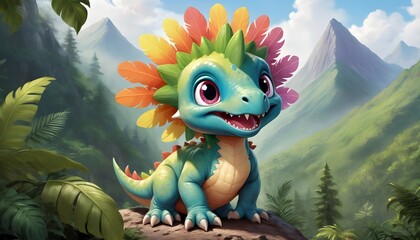An enchanting baby dinosaur, its fluffy feathers gently ruffled by the mountain breeze, its large, colorful eyes gleaming with curiosity as it lets out a playful roar from the peak of a towering mount - obrazy, fototapety, plakaty