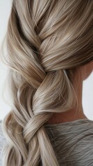 Blonde hair braid featuring hair care oil bottle - obrazy, fototapety, plakaty