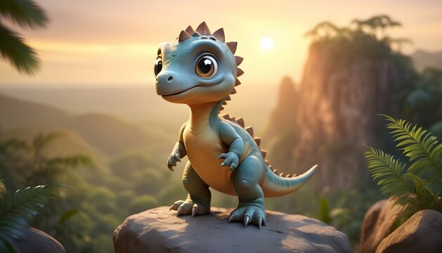 A heartwarming image of a baby dinosaur, its vibrant, expressive eyes reflecting the hues of the setting sun, nestled amidst a sea of lush greenery, its soft feathers gently swaying in the mountain br