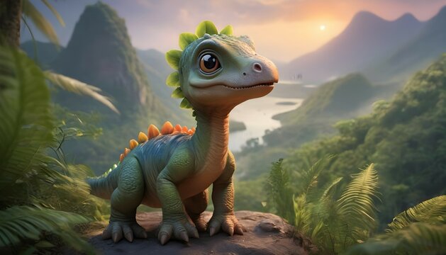 A heartwarming image of a baby dinosaur, its vibrant, expressive eyes reflecting the hues of the setting sun, nestled amidst a sea of lush greenery, its soft feathers gently swaying in the mountain br