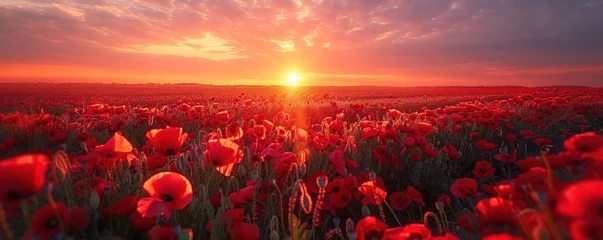 Abwaschbare Fototapete Breathtaking landscape of a poppy field at sunset with the sun dipping low on the horizon, casting a warm glow over the vibrant red flowers © Влада Яковенко