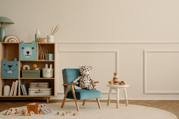 Minimalist composition of kid room interior with copy space, blue armchair, wooden sideboard, beige...