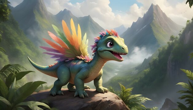 An enchanting baby dinosaur, its fluffy feathers gently ruffled by the mountain breeze, its large, colorful eyes gleaming with curiosity as it lets out a playful roar from the peak of a towering mount