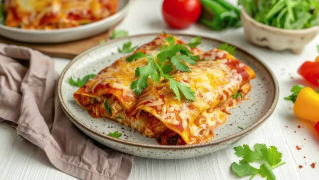 Zooming in on a plate of Enchilads on a Wooden Table