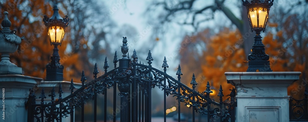 Wall mural Cast iron metal gates and lamp on marble arch