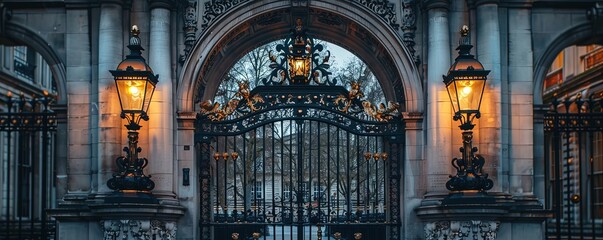 Cast iron metal gates and lamp on marble arch - obrazy, fototapety, plakaty