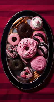 An image of a silver tray of pink and brown donuts and cookies on a red background.