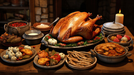 Baked turkey and other Thanksgiving foods.