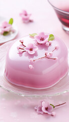 Pink cake decorated with pink cherry blossoms on a pink plate with a pink background.