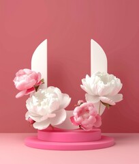 A creative setup with two surfboard-like shapes adorned with blooming flowers on a staged platform against a pink background