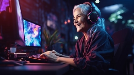 A happy Gray-haired elderly Woman, a professional streamer, a gamer playing video games on a computer in a game room. Workspace, Seniors, Hobbies, Esports, Cyber Sports concepts. - obrazy, fototapety, plakaty