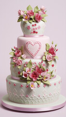 Fototapeta na wymiar Pink and green wedding cake with roses and heart-shaped decorations.