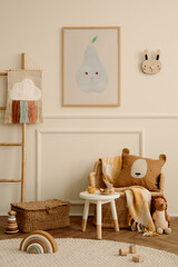 Cozy ids room interior with mock up poster frame, plush toys, brown pillow, braided armchair, round...