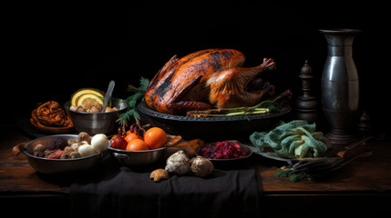 Baked turkey and other Thanksgiving foods. - 761462083