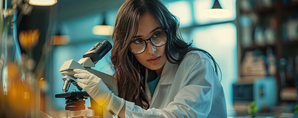 crop concentrated female chemist in protective uniform, gloves and goggles checking test tube...