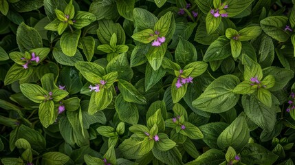Comfrey patch in a lush herb garden, showcasing its broad green leaves and clusters of purple flowers. Plant's integration into a diverse ecosystem, emphasizing its role in herbal medicine. - obrazy, fototapety, plakaty