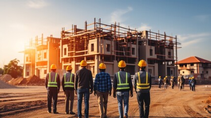 a group of workers on a construction site, with engineering infrastructure and business people silhouetted against industrial buildings